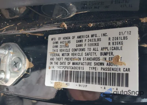 2012 Honda Accord 2.4 Ex-L from USA, damaged, VIN 1HGCP2F87CA063615